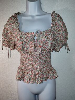 Suite 2939 Floral Smocked Puff Sleeve Top - Pink/Green sz  Large